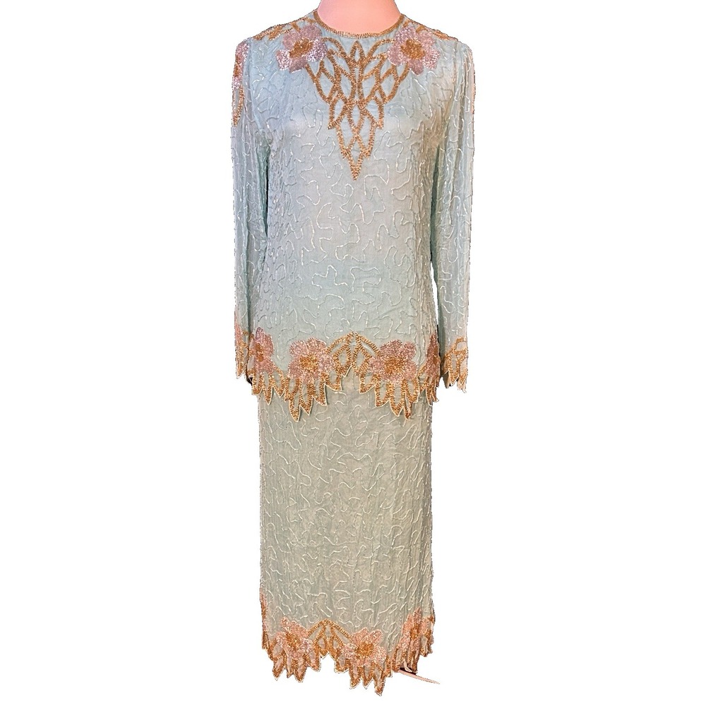 Vintage Tiffany Blue Silk Heavily Beaded Tunic & Skirt Nagpal